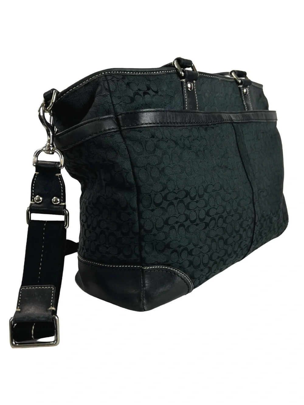 Coach Signature Stripe Multifunction Diaper Tote Bag Black Canvas Blue Interior